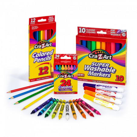 Classic School Bundle 12 Colored Pencils, 24 Crayons, 10 Washable M