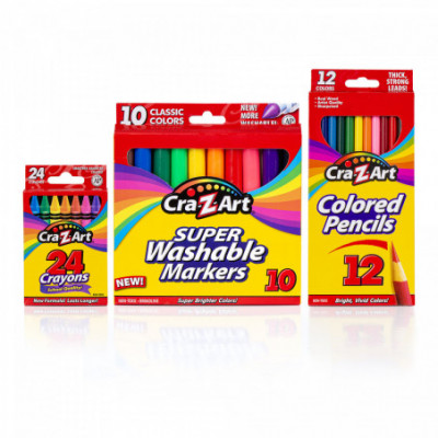 Classic School Bundle 12 Colored Pencils, 24 Crayons, 10 Washable M